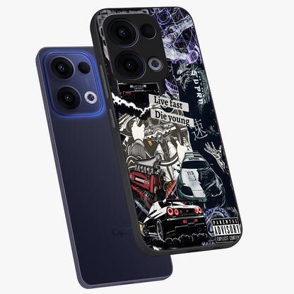 Die Young Glass Case displayed in angled mockup highlighting expressive graphic artwork with edgy aesthetic style.