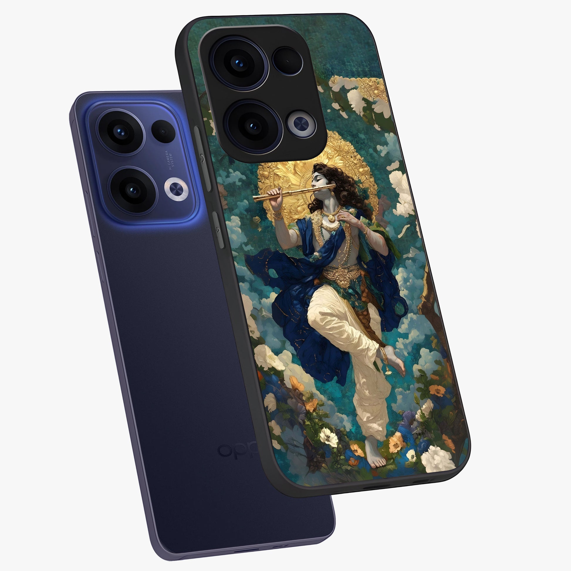 Divine Krishna Art Glass Case displayed in angled mockup highlighting spiritual Krishna illustration with devotional aesthetic.
