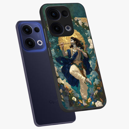 Divine Krishna Art Glass Case displayed in angled mockup highlighting spiritual Krishna illustration with devotional aesthetic.