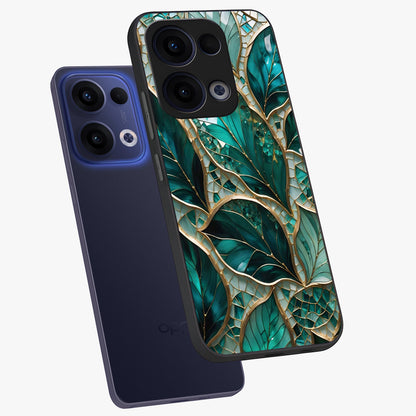 Emerald Leaf Glass Glass Case displayed in angled mockup highlighting botanical leaf illustration with elegant natural aesthetic.