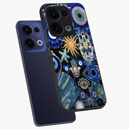 Evil Eye Charm Mix Glass Case displayed in angled mockup highlighting protective evil eye symbols with spiritual aesthetic design.