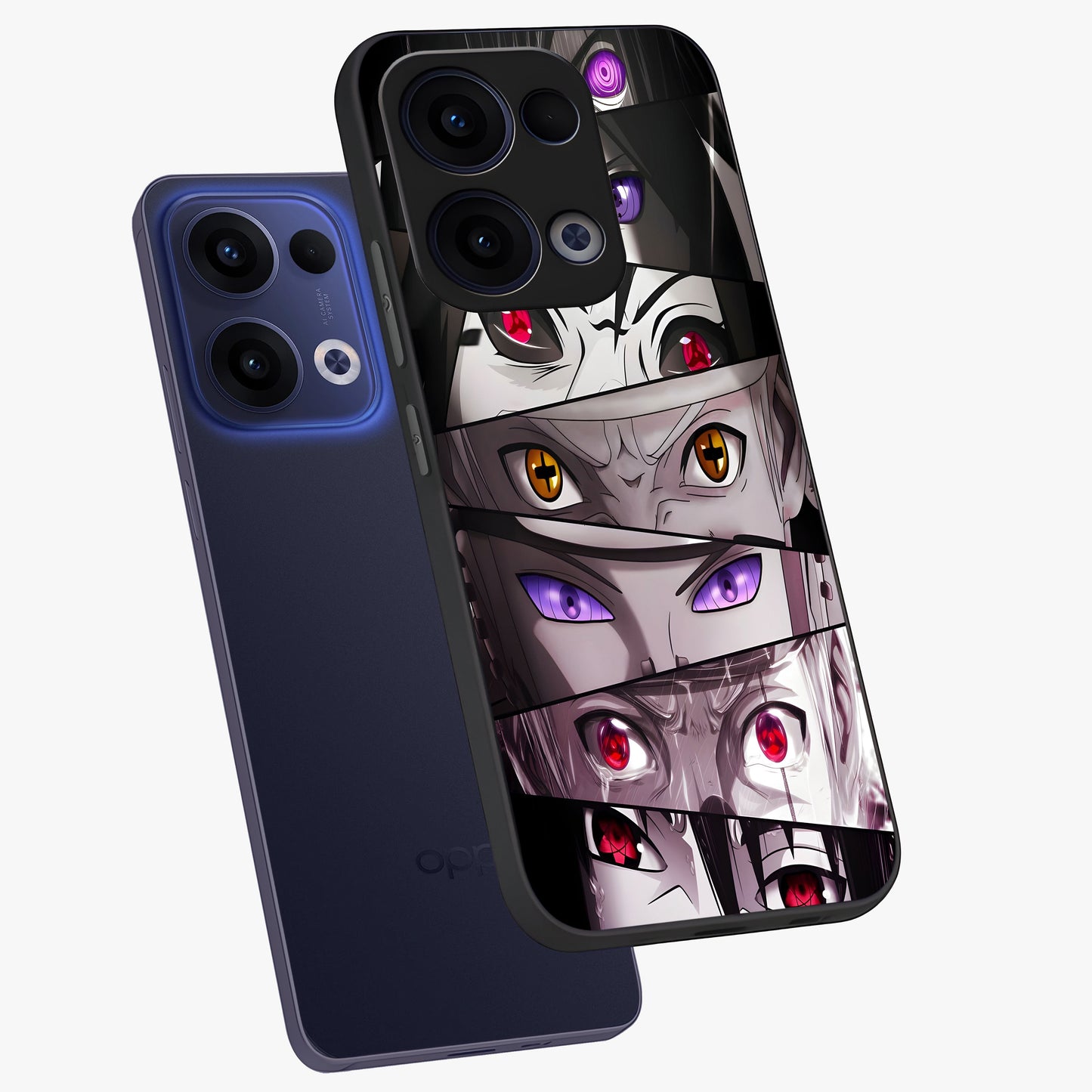 Eyes of Destiny Glass Case displayed in angled mockup highlighting bold eye illustration with mystical aesthetic style.