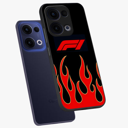 Fire F11 Glass Case displayed in angled mockup highlighting bold fire inspired graphic with energetic aesthetic style.