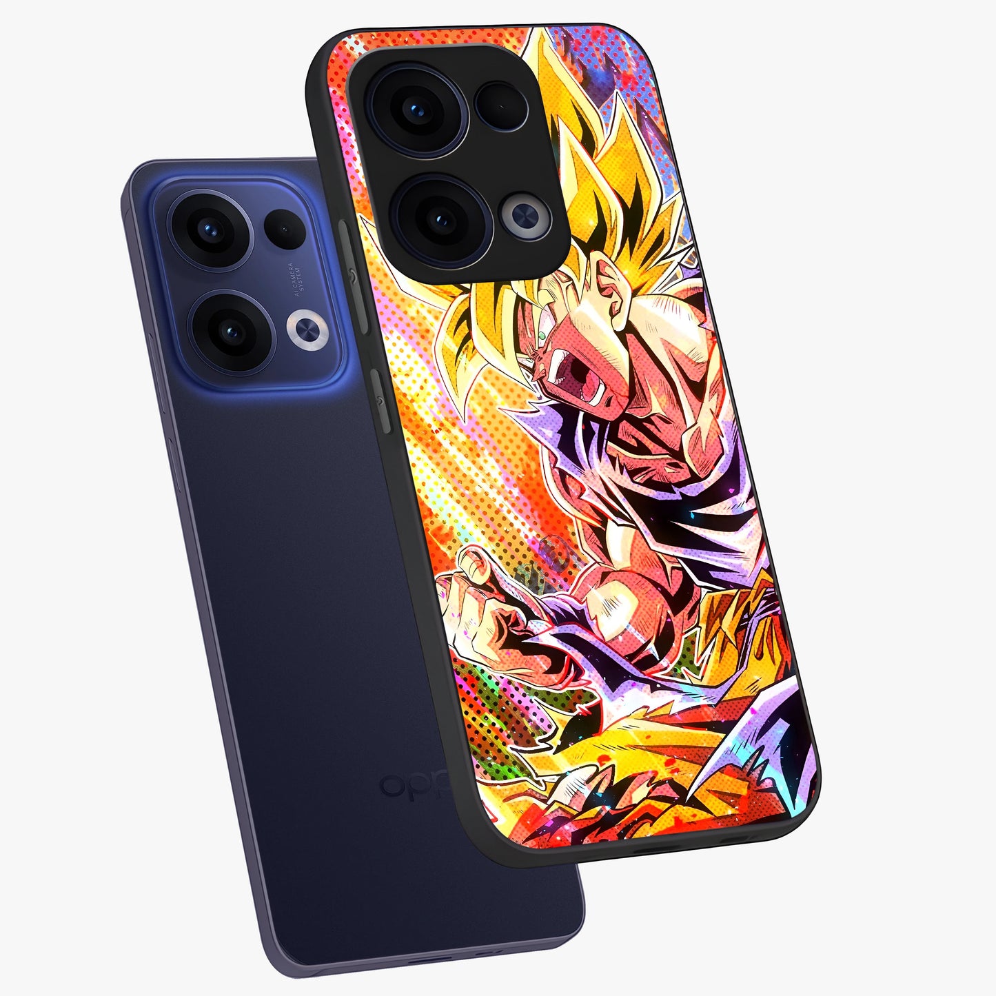 Firing Goku Glass Case displayed in angled mockup highlighting dynamic anime character design with action aesthetic.