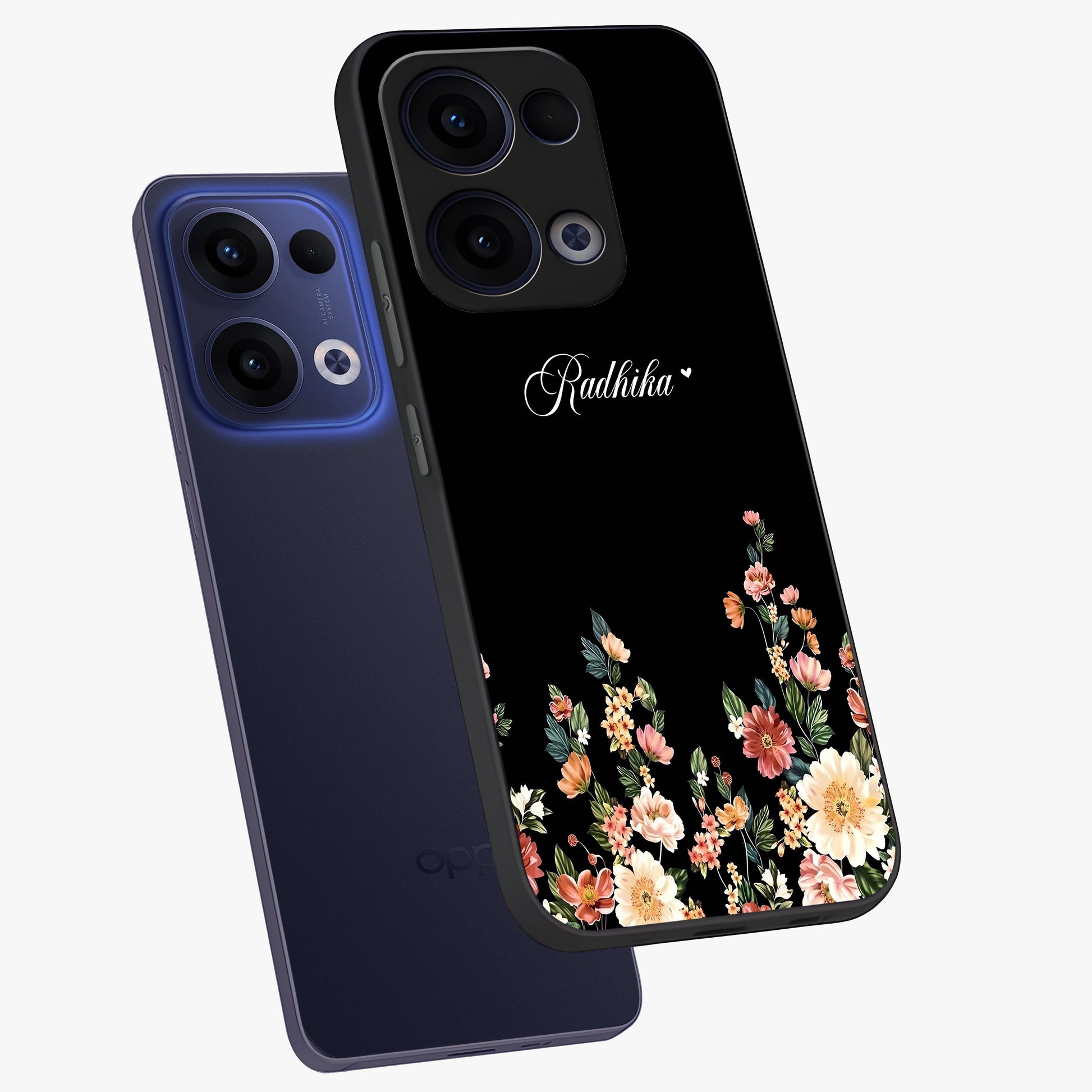 Floral Design With a Custom Personalized Name Glass Case displayed in angled mockup highlighting elegant floral pattern with custom name feature.
