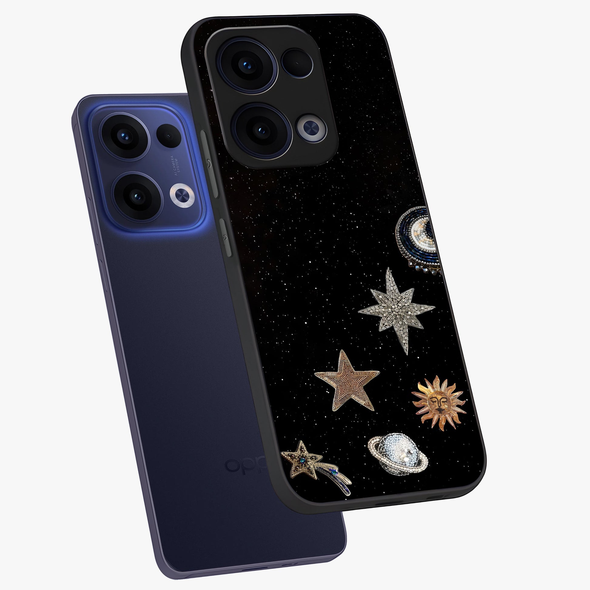 Galactic Charm Glow Glass Case displayed in angled mockup highlighting luminous galaxy inspired design with dreamy aesthetic.