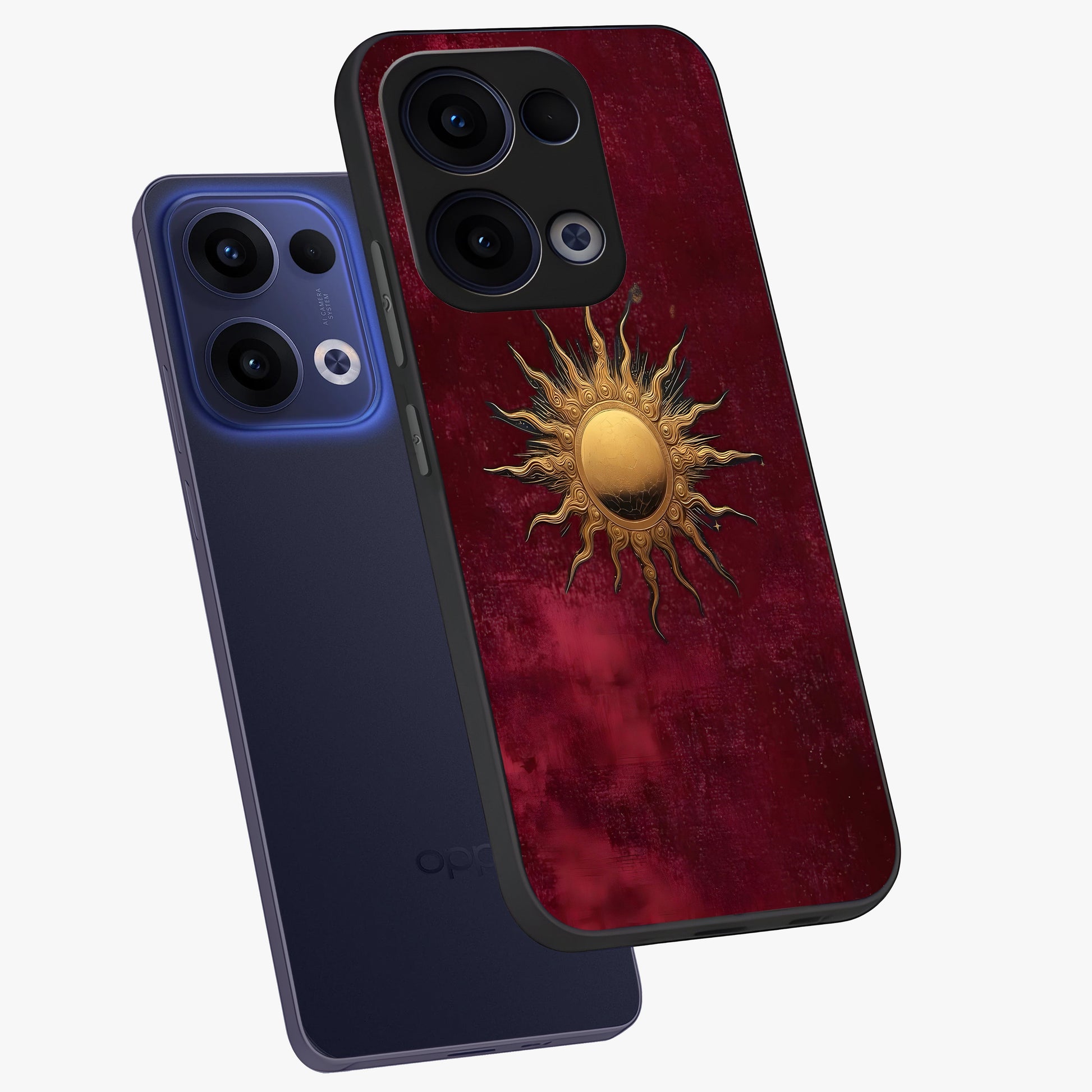 Golden Sun Minimalism Glass Case displayed in angled mockup highlighting clean sun symbol design with modern minimal aesthetic.