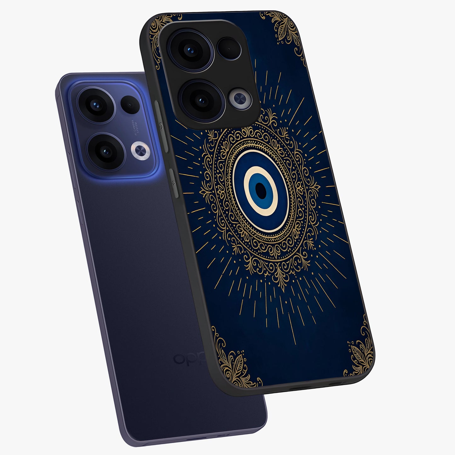 Golden Celestial Charm Glass Case displayed in angled mockup highlighting sparkling cosmic charm design with celestial aesthetic.