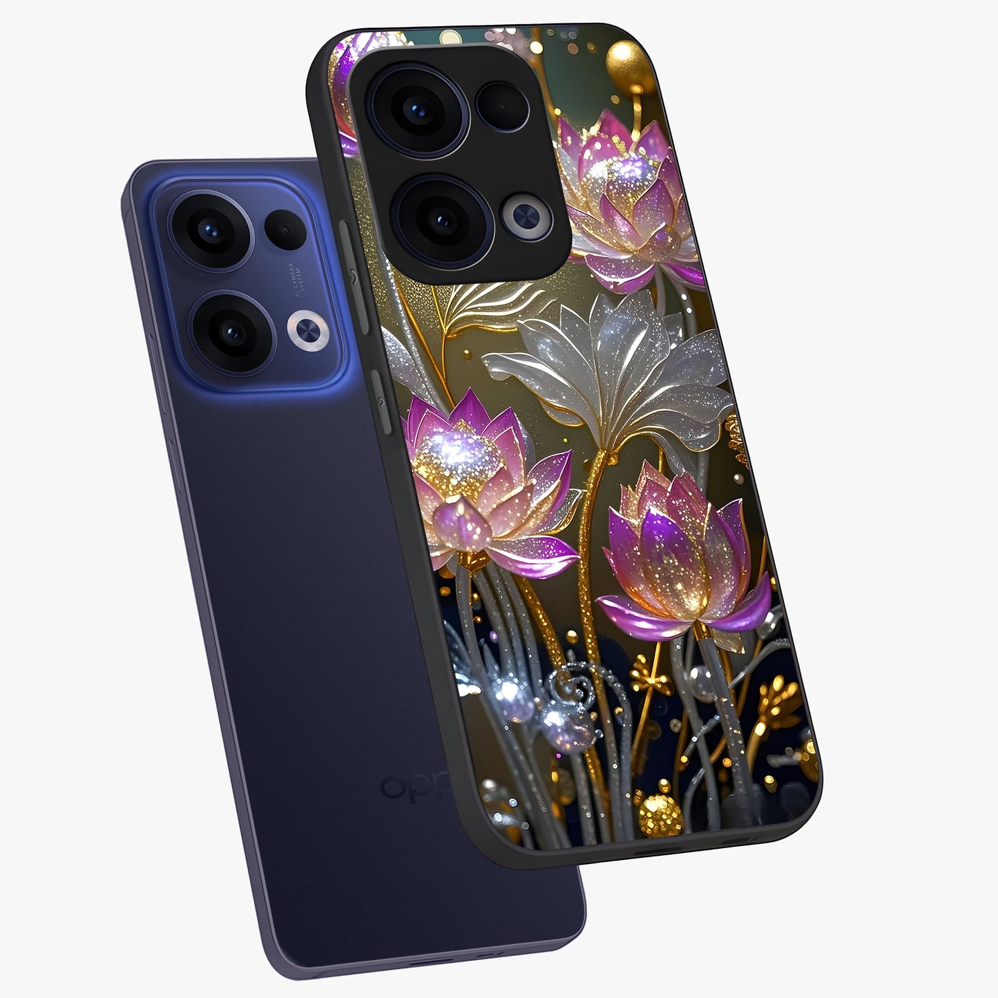 Golden Floral Majesty Glass Case displayed in angled mockup highlighting elegant flower design with royal golden aesthetic.