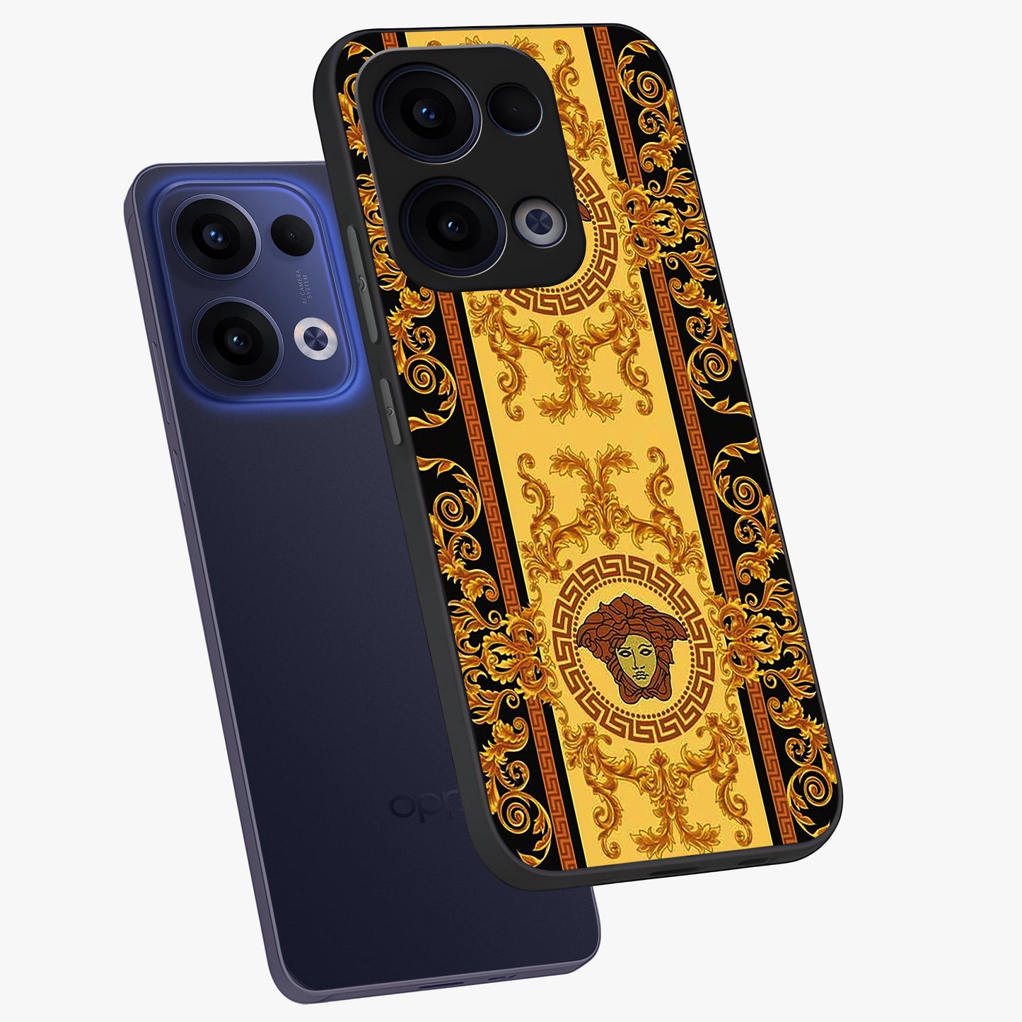 Golden Lotus Glow Glass Case displayed in angled mockup highlighting radiant lotus illustration with spiritual aesthetic.