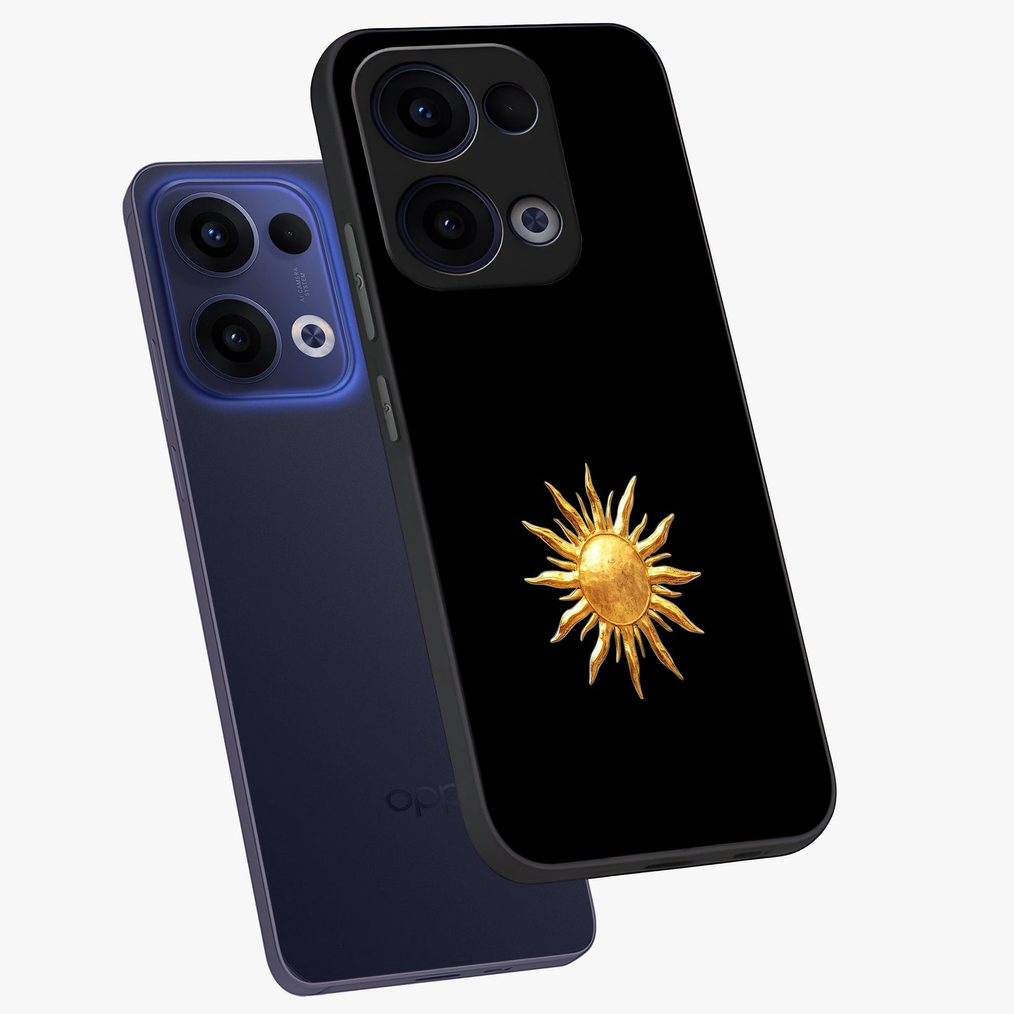 Golden Sun Minimalism Glass Case displayed in angled mockup highlighting eerie shadow illustration with gothic aesthetic.