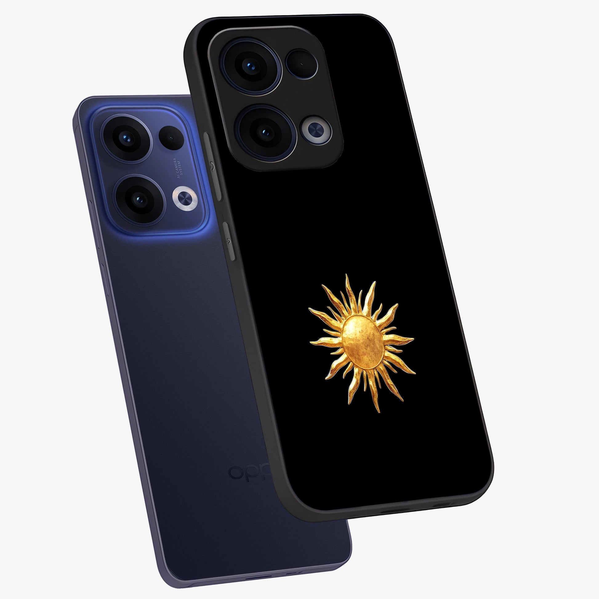 Golden Sun Minimalism Glass Case displayed in angled mockup highlighting eerie shadow illustration with gothic aesthetic.