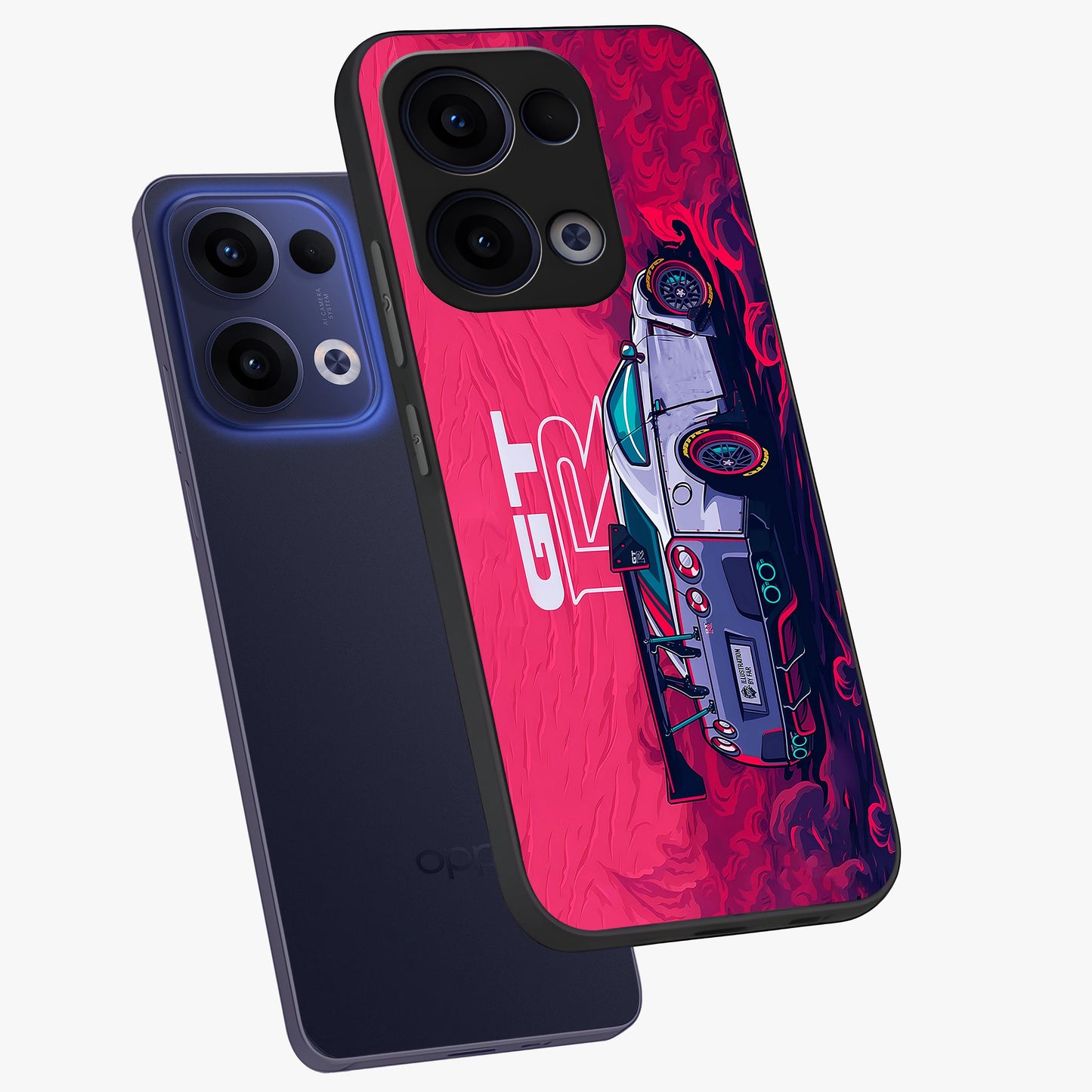 GT-R Car Pattern Glass Case displayed in angled mockup highlighting racing car graphic design with bold automotive aesthetic.
