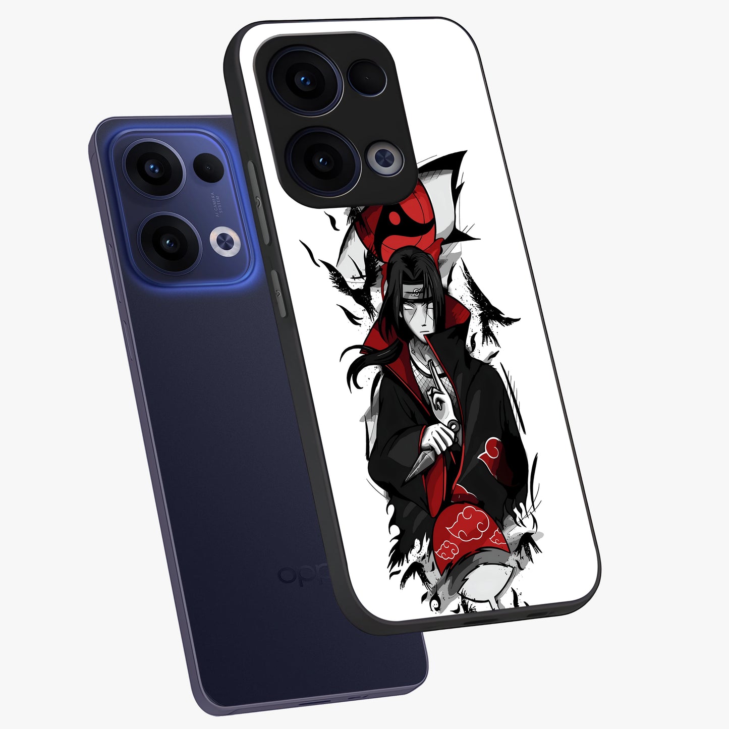 Itachi Limited Edition Naruto Anime Glass Case displayed in angled mockup highlighting dramatic anime illustration with bold action aesthetic.