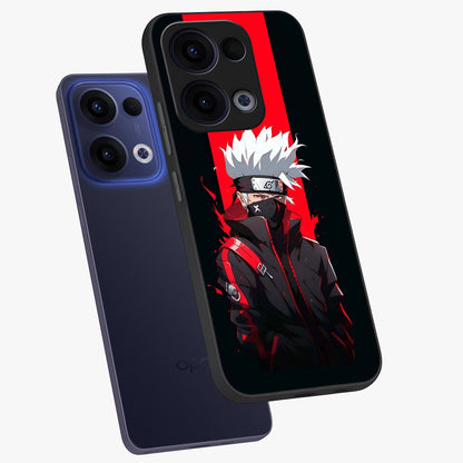 Kakashi Scarlet Shadow Glass Case displayed in angled mockup highlighting dramatic ninja illustration with scarlet themed aesthetic.