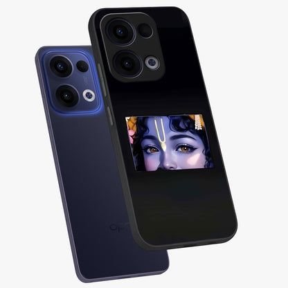 Krishna Divine Embrace Glass Case displayed in angled mockup highlighting divine Krishna illustration with spiritual aesthetic.