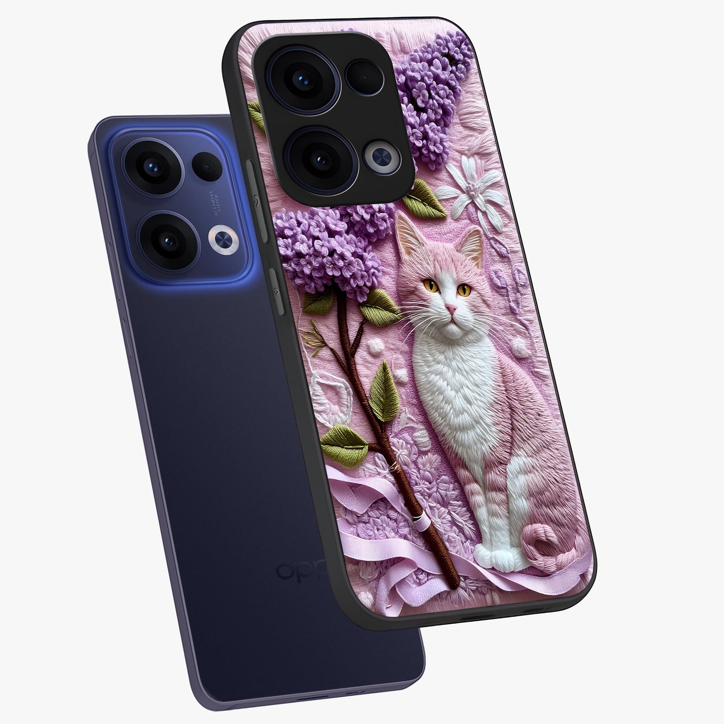 Lavender Cat Whimsy Glass Case displayed in angled mockup highlighting playful feline illustration with pastel lavender aesthetic.