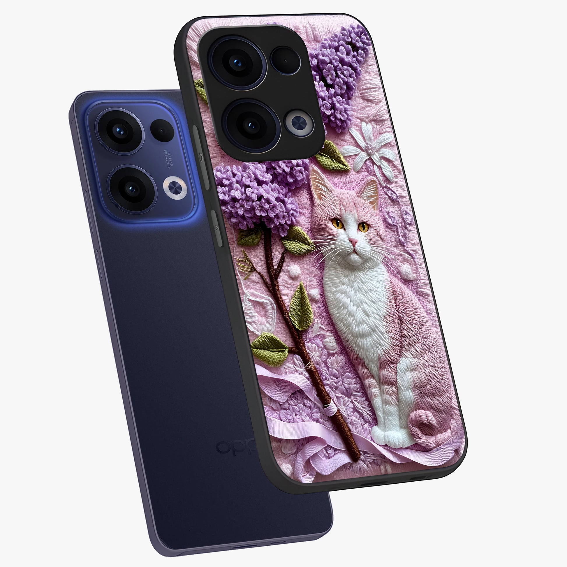 Lavender Cat Whimsy Glass Case displayed in angled mockup highlighting playful feline illustration with pastel lavender aesthetic.