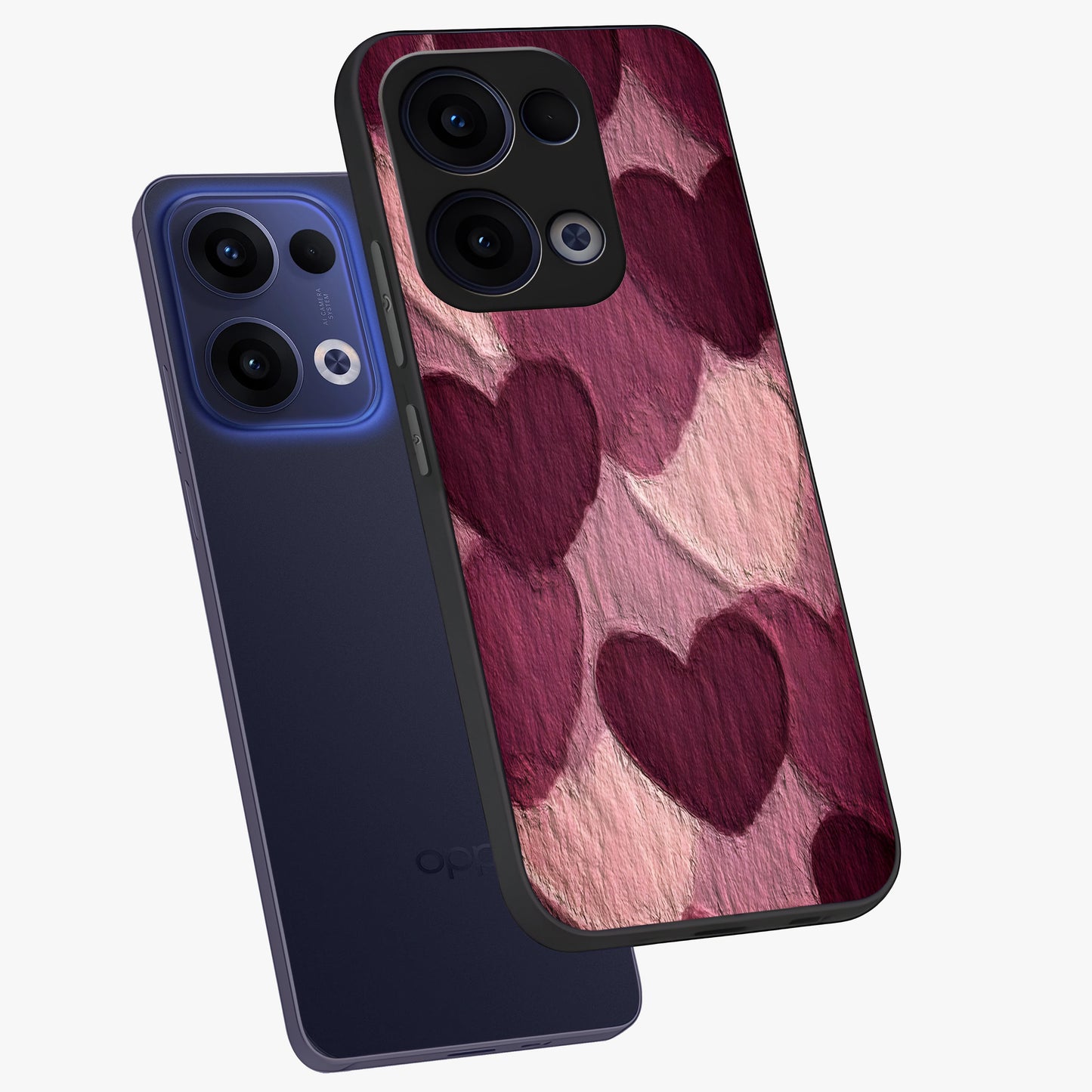 Layered Paper Hearts Glass Case displayed in angled mockup highlighting creative paper craft heart design with romantic aesthetic.