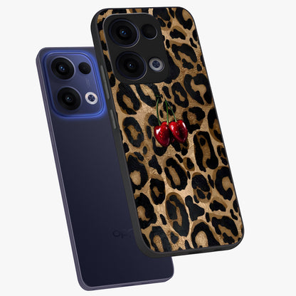 Leopard Wild Cherry Glass Case displayed in angled mockup highlighting bold animal print design with playful cherry aesthetic.