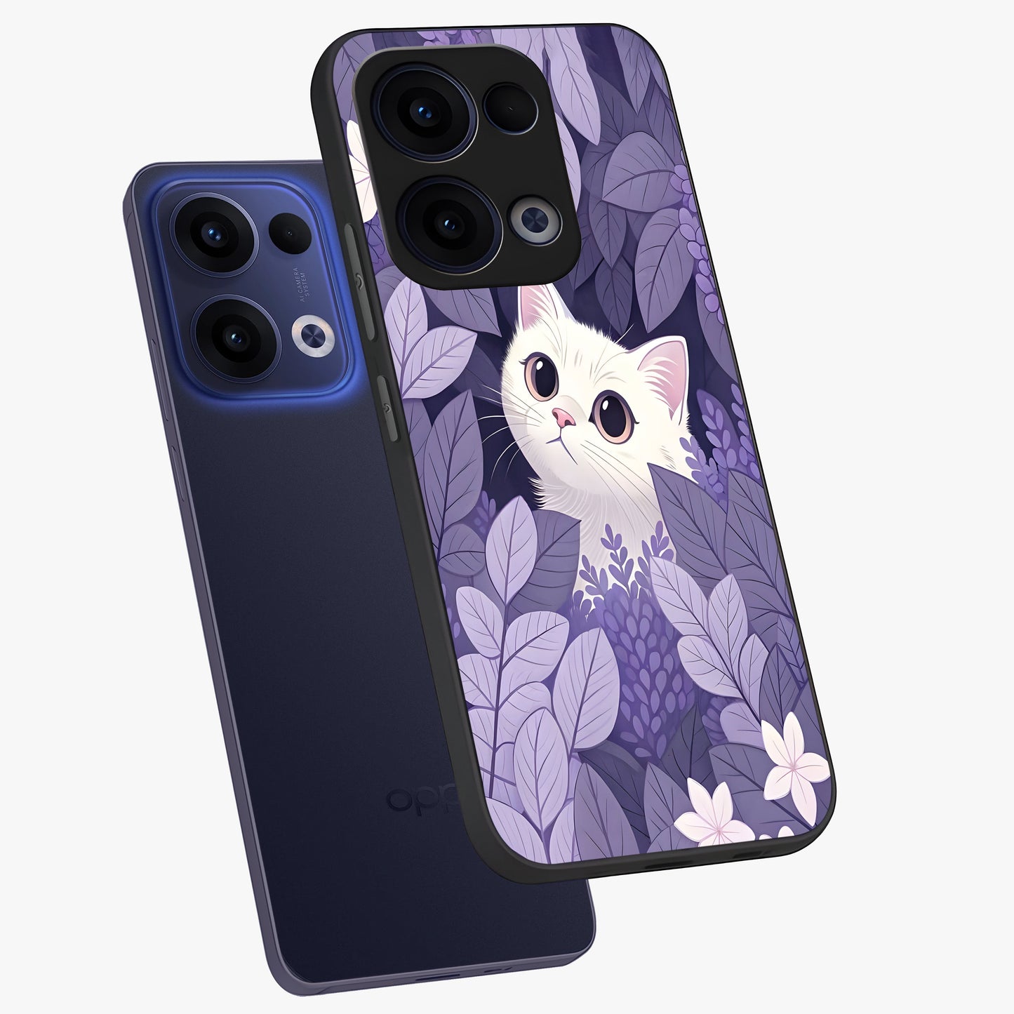 Lilac Hide Peek Cat Glass Case displayed in angled mockup highlighting playful feline illustration with lilac aesthetic design.