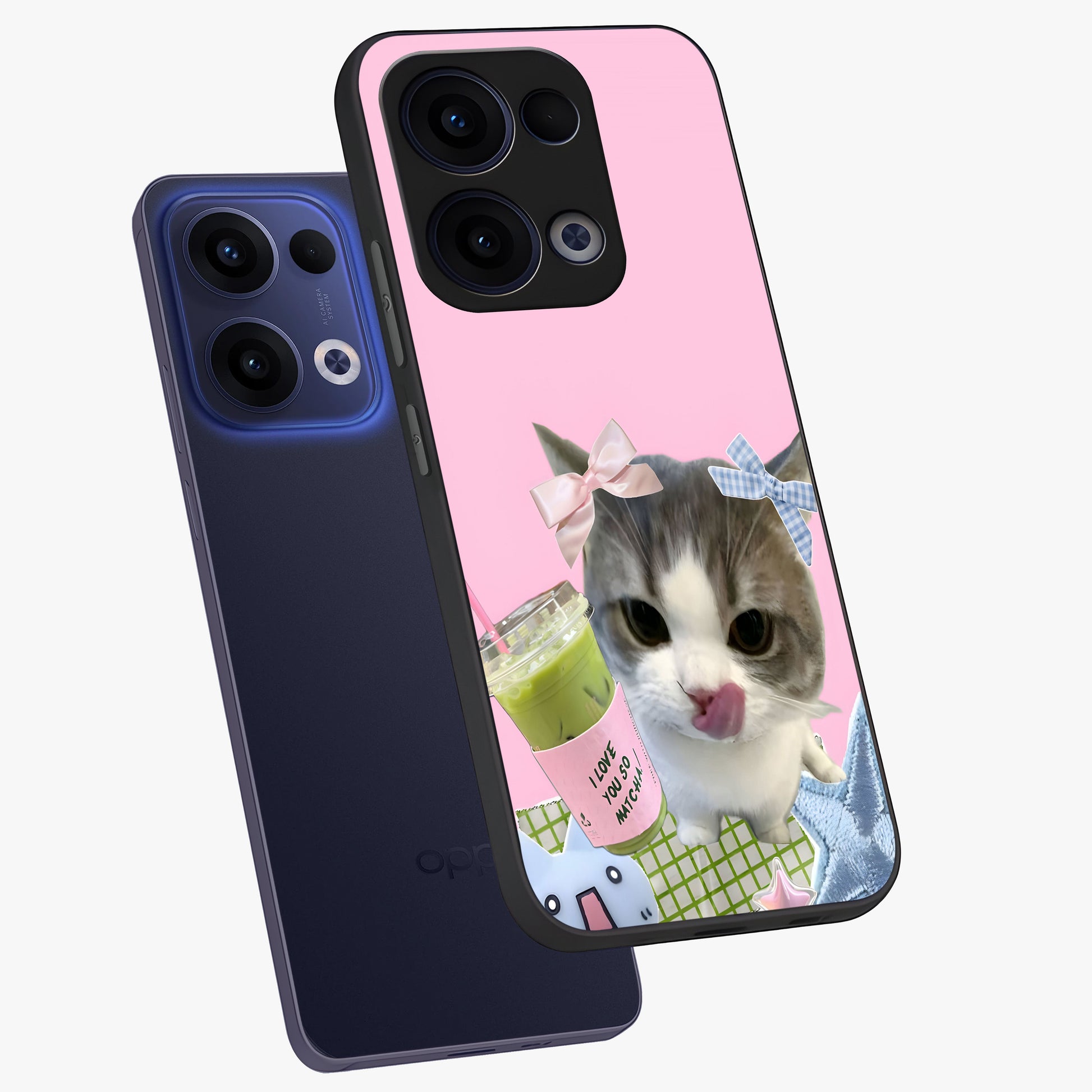 Love Matcha Cat Glass Case displayed in angled mockup highlighting playful feline illustration with cozy matcha aesthetic.