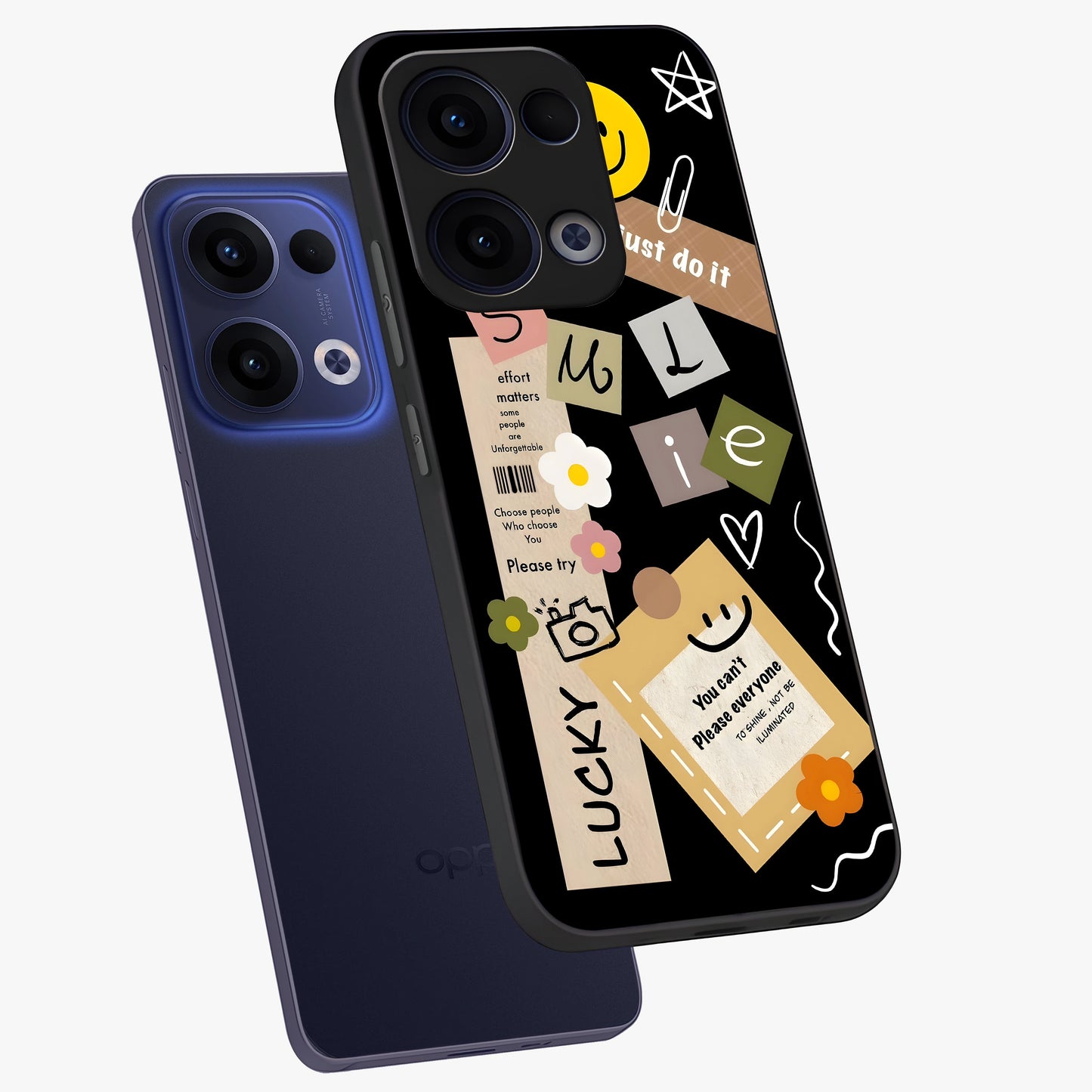 Lucky Aesthetic Collage Glass Case displayed in angled mockup highlighting stylish collage pattern with modern aesthetic vibe.