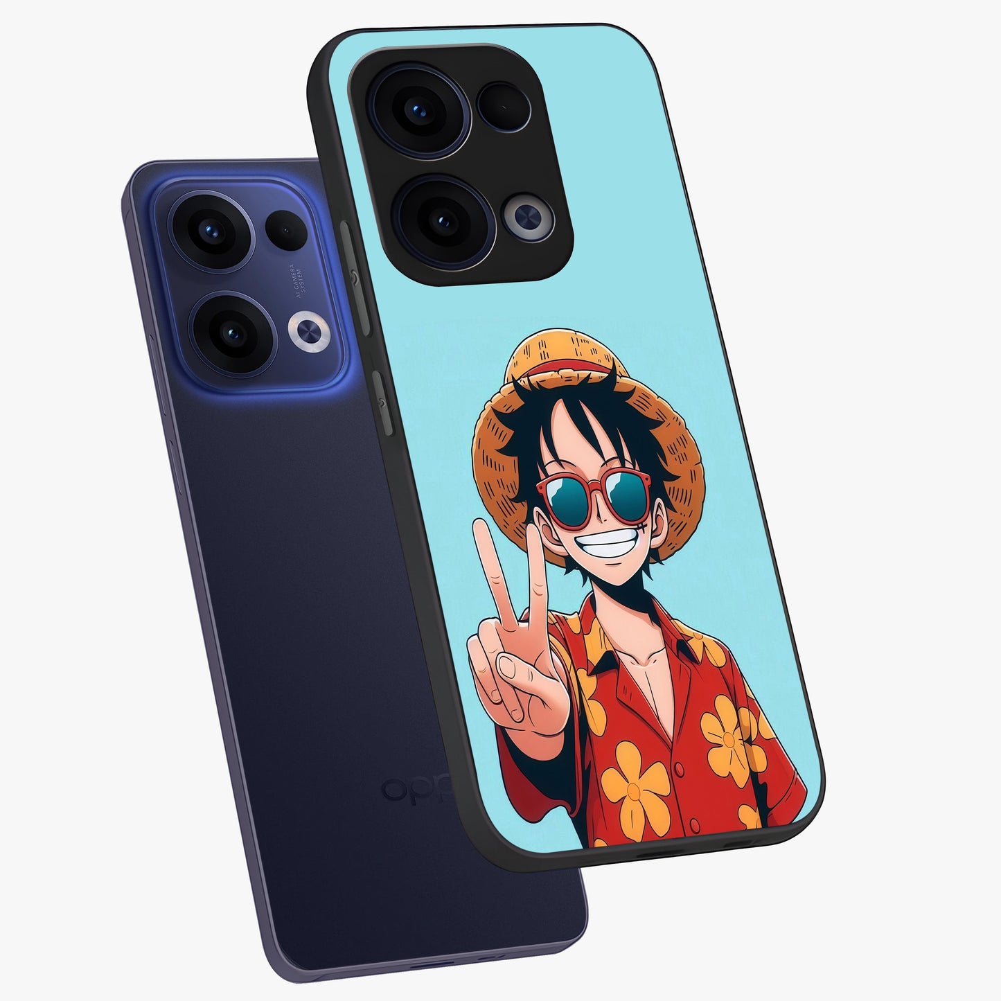 Luffy Summer Anime Vibe Glass Case displayed in angled mockup highlighting energetic anime illustration with summer vibe aesthetic.
