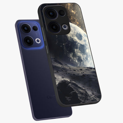 Lunar Horizon Glow Glass Case displayed in angled mockup highlighting celestial moon design with dreamy night aesthetic.