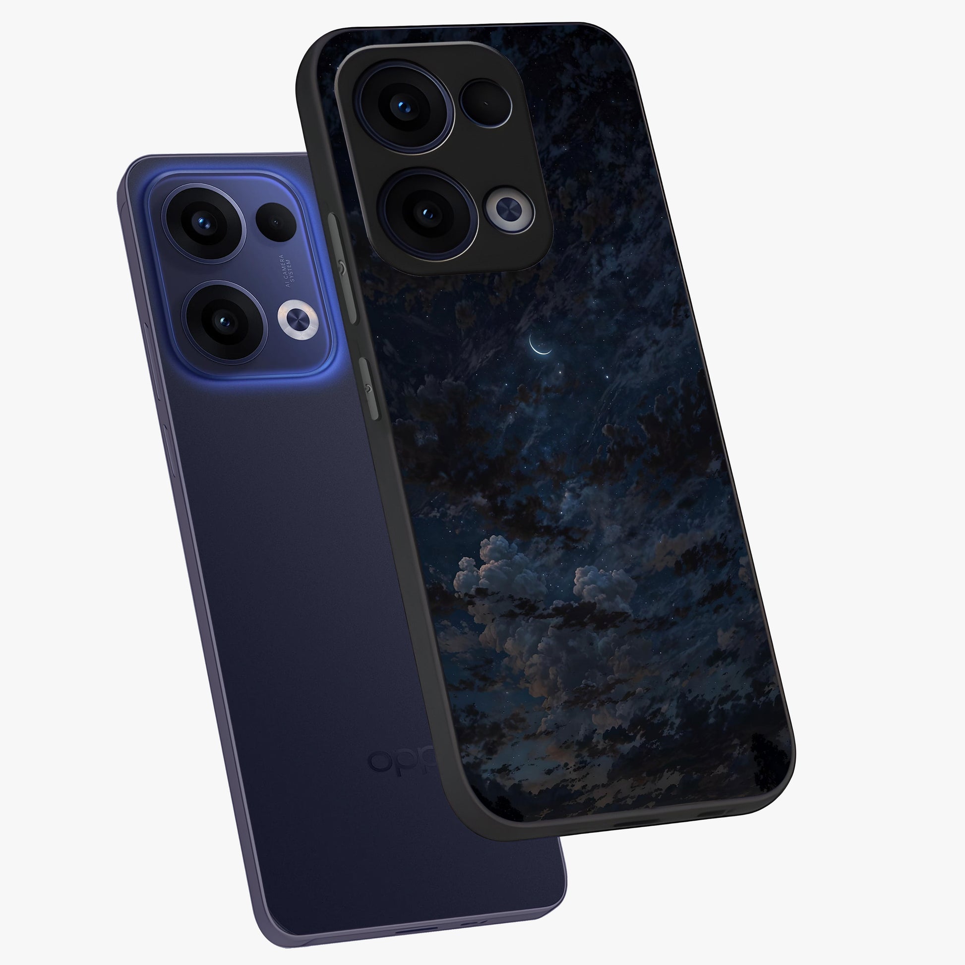 Lunar Veil Silence Glass Case displayed in angled mockup highlighting soft lunar design with peaceful celestial aesthetic.