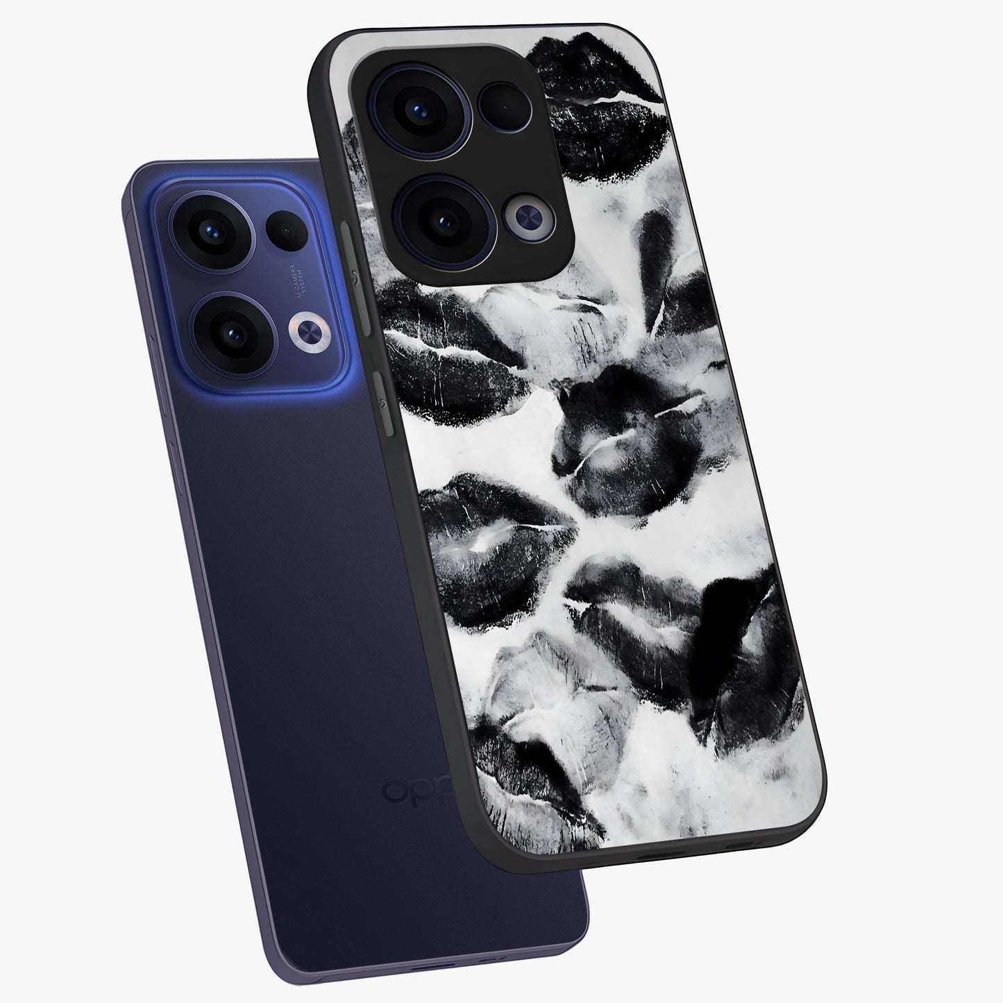 Midnight Kiss Marks Glass Case displayed in angled mockup highlighting playful romantic design with bold midnight aesthetic.