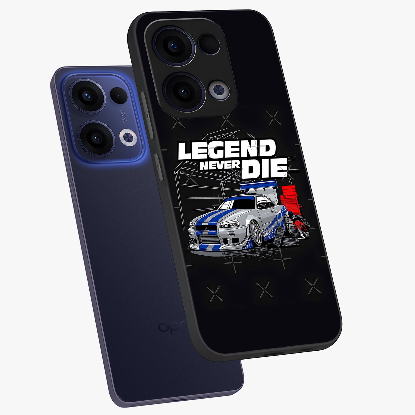 Midnight Racing Legacy Glass Case displayed in angled mockup highlighting dynamic automotive design with bold midnight aesthetic.