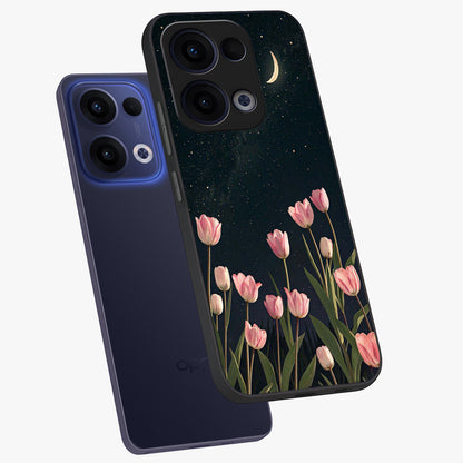 Midnight Tulip Whispers Vibe Glass Case displayed in angled mockup highlighting delicate tulip design with midnight floral aesthetic.