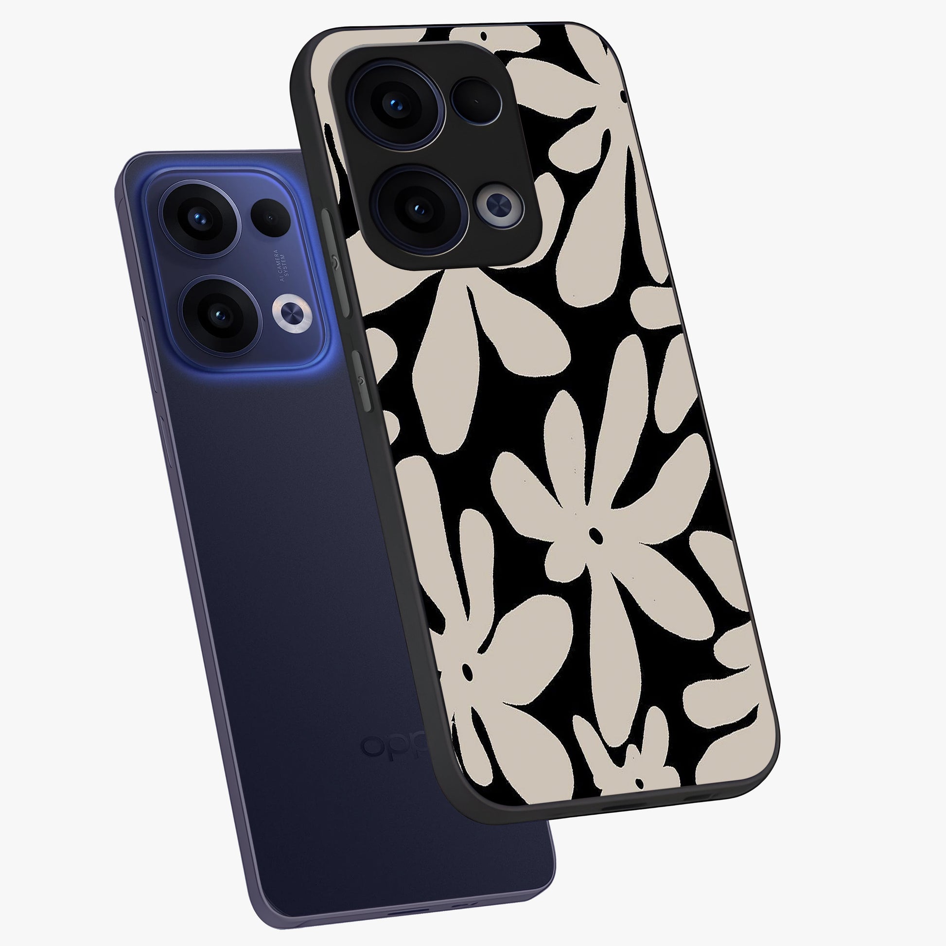 Monochrome Petal Dance Glass Case displayed in angled mockup highlighting elegant petal design with black and white aesthetic.
