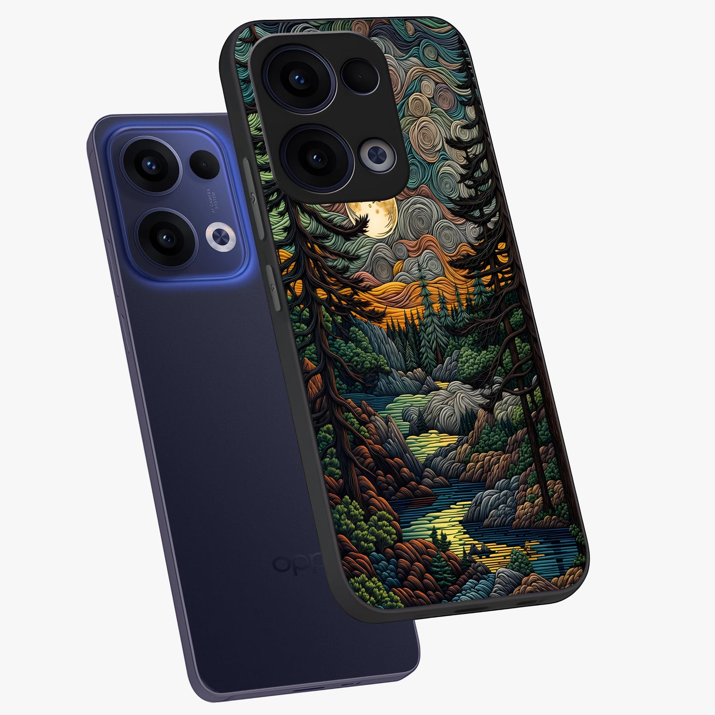 Moonlight Forest Dream Glass Case displayed in angled mockup highlighting dreamy forest design with glowing moon aesthetic.