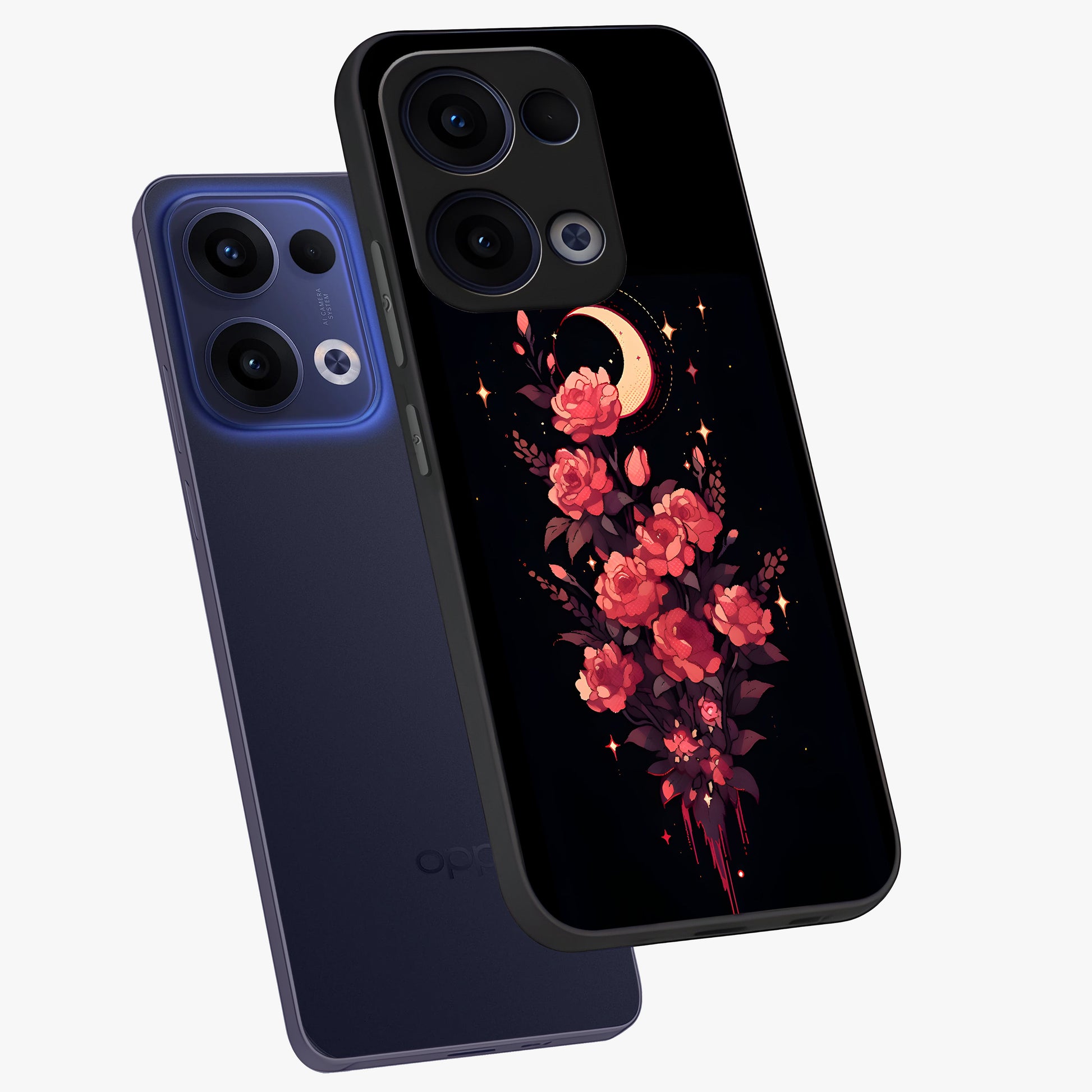 Moonlit Floral Elegance Glass Case displayed in angled mockup highlighting graceful flower design with soft moonlight aesthetic.