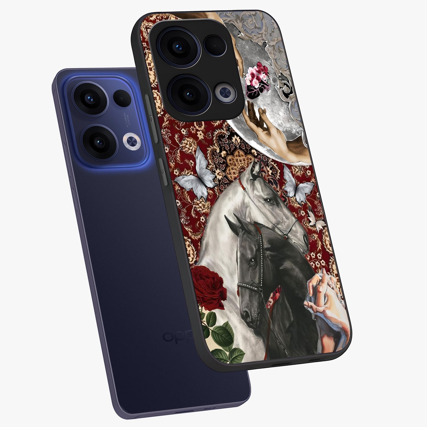 Moonlit Royal Stallion Glass Case displayed in angled mockup highlighting powerful stallion illustration with royal night aesthetic.