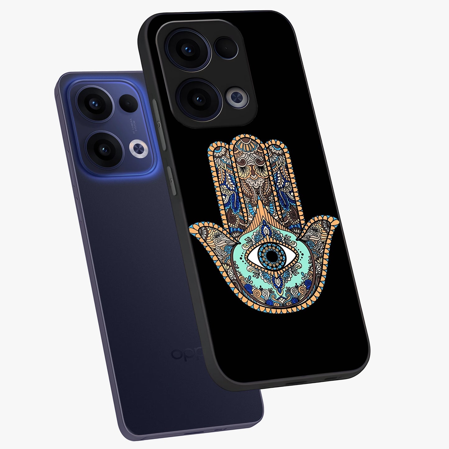 Mystic Hamsa Eye Glass Case displayed in angled mockup highlighting spiritual hamsa symbol with mystical aesthetic style.