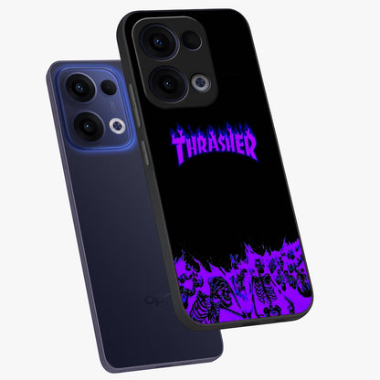 Neon Flame Riot Glass Case displayed in angled mockup highlighting glowing flame design with vibrant neon aesthetic.