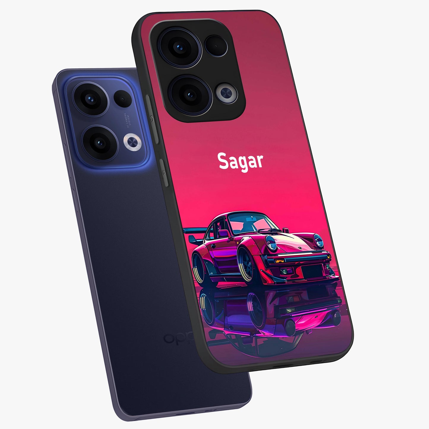 Neon Pink Porsche Glass Case displayed in angled mockup highlighting sleek neon pink car design with racing aesthetic.