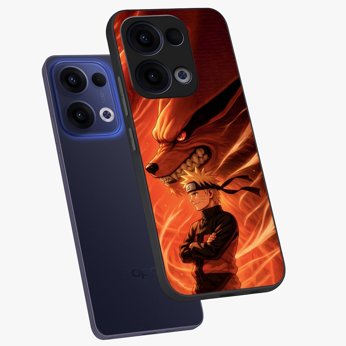 Nine Tails Legacy Glass Case displayed in angled mockup highlighting dynamic anime beast illustration with bold mystical aesthetic.