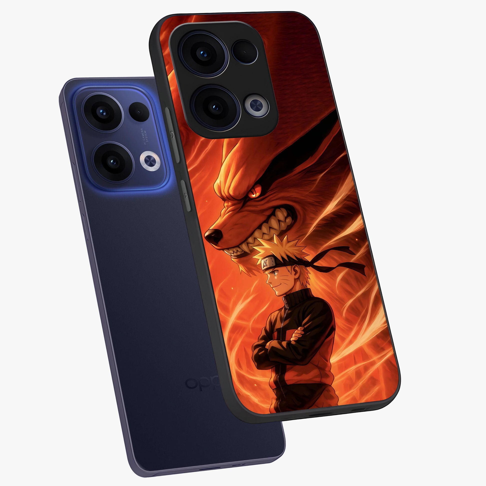Nine Tails Legacy Glass Case displayed in angled mockup highlighting dynamic anime beast illustration with bold mystical aesthetic.