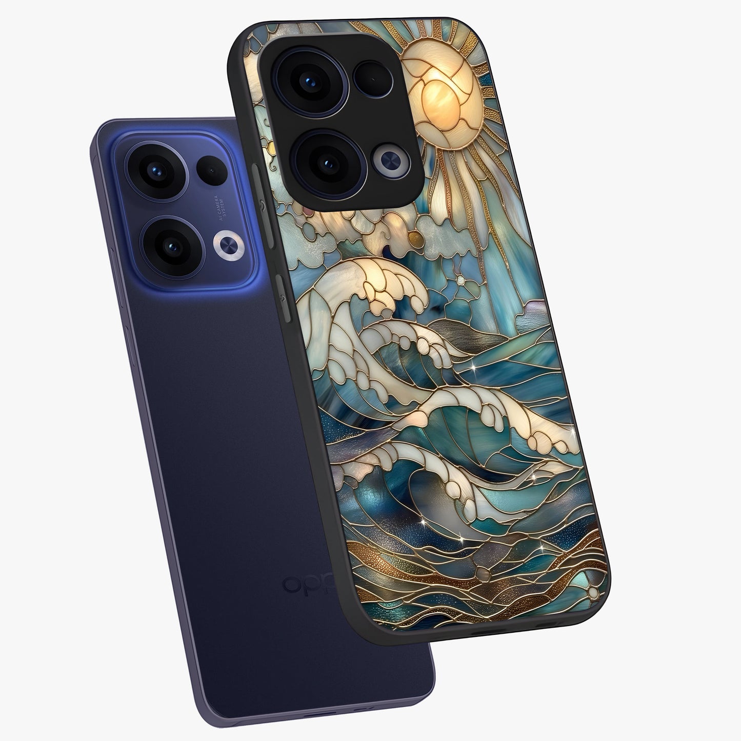 Oceanic Stained Printed Glass Case displayed in angled mockup highlighting colorful aquatic design with artistic aesthetic style.