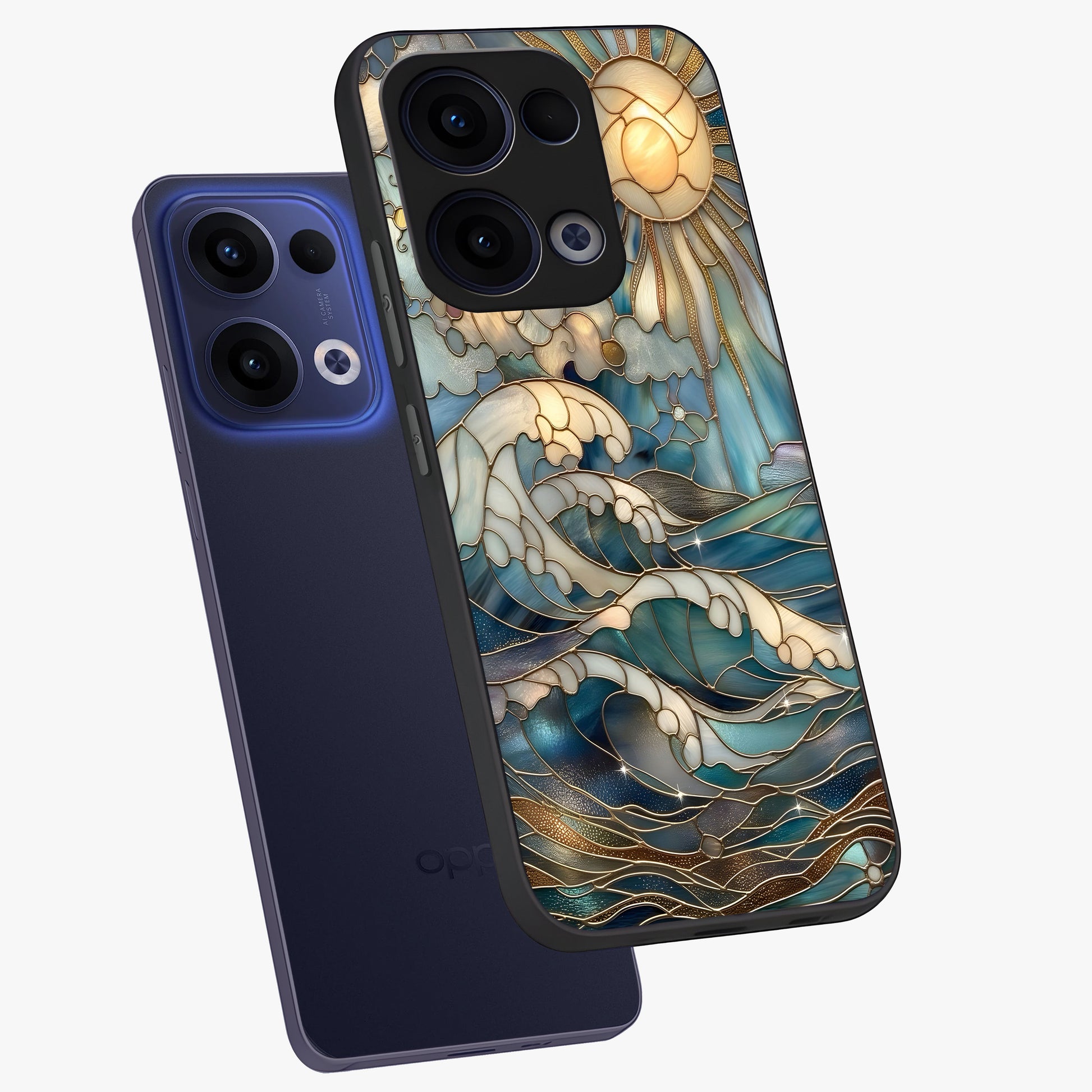 Oceanic Stained Printed Glass Case displayed in angled mockup highlighting colorful aquatic design with artistic aesthetic style.