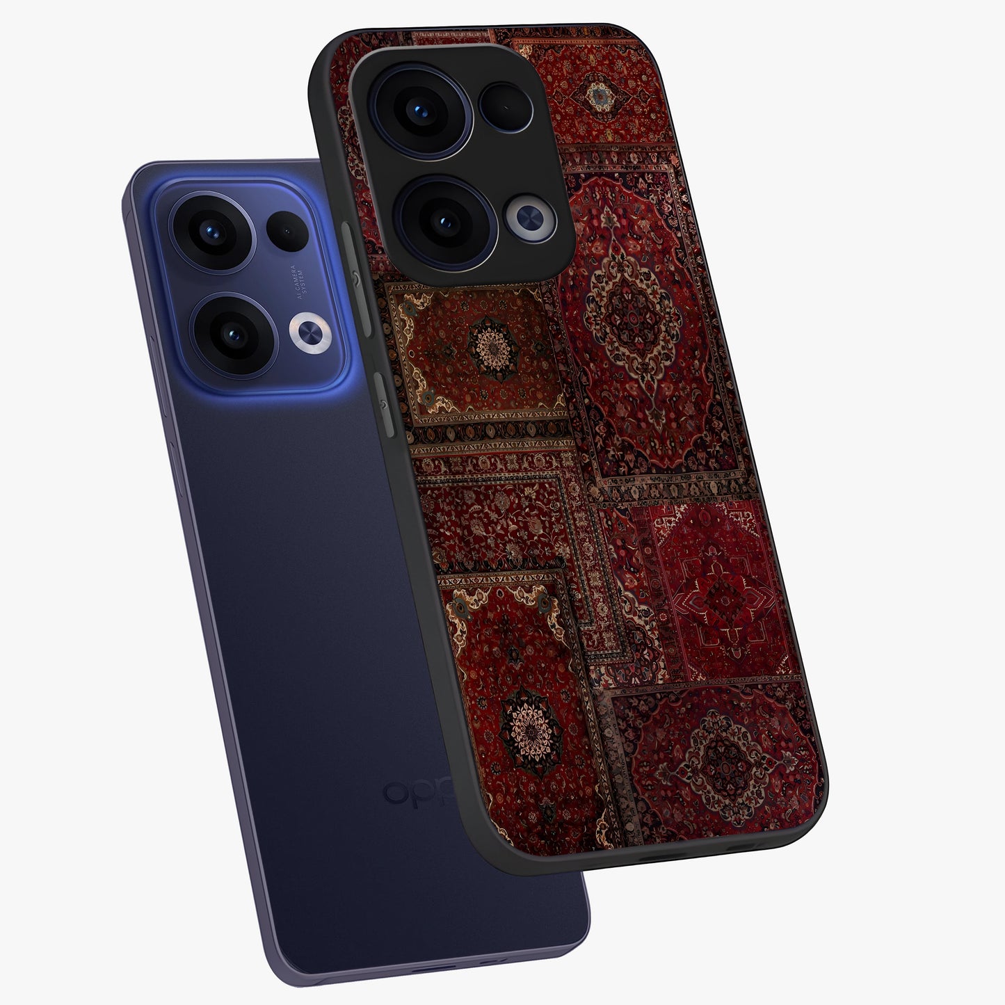 Persian Velvet Tale Glass Case displayed in angled mockup highlighting ornate textile inspired design with royal aesthetic.