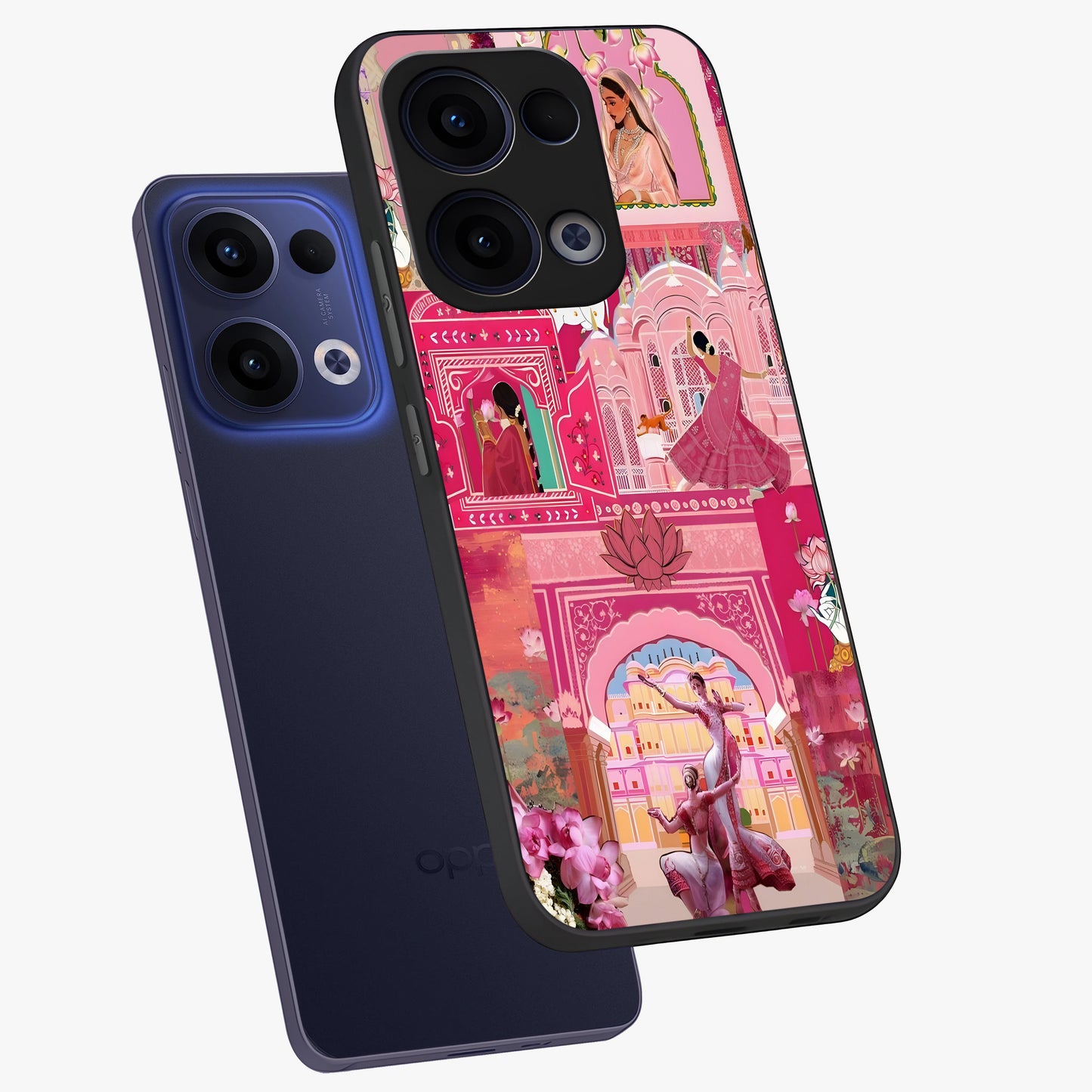 Pink Palace Muse Glass Case displayed in angled mockup highlighting dreamy palace illustration with soft pink aesthetic.