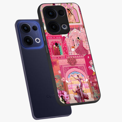 Pink Palace Muse Glass Case displayed in angled mockup highlighting dreamy palace illustration with soft pink aesthetic.