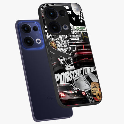 Porsche Racing Collage Glass Case displayed in angled mockup highlighting dynamic automotive design with bold racing aesthetic.