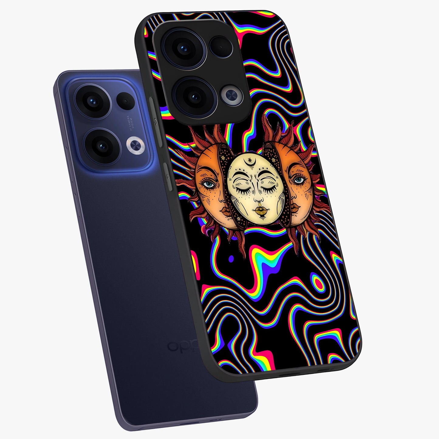 Psychedelic Sun Glass Case displayed in angled mockup highlighting vibrant abstract sun design with artistic aesthetic style.