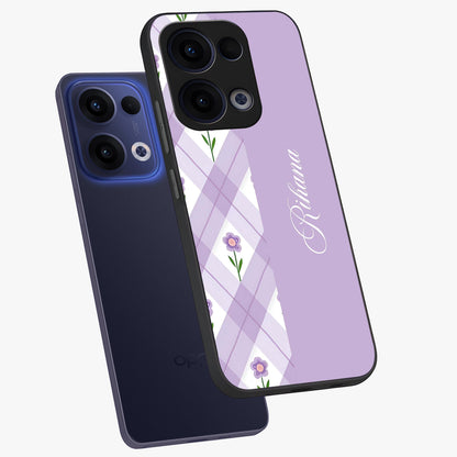 Purple Diamond Floral Glass Case displayed in angled mockup highlighting elegant purple flower design with decorative pattern.
